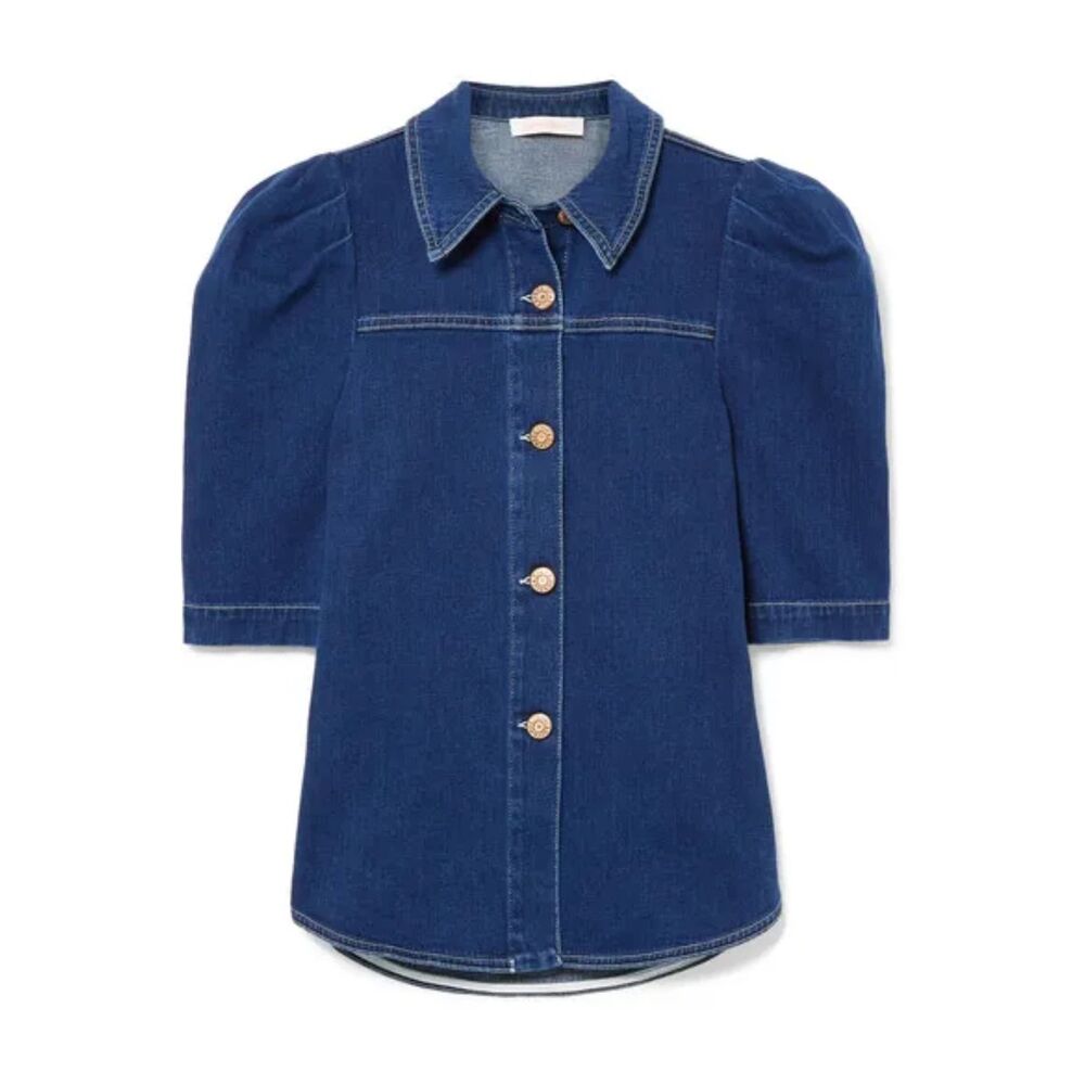 See by Chloe Puff Sleeve Denim Blouse Size Medium Boho Rodeo Cowgirl Preppy